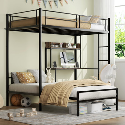 Lit superposé simple en forme de L noir avec bureau, station de charge et rangement, garde-corps, pour adolescents, peu encombrant, tablettes de rangement à structure solide, adolescents loft en métal, noir, sommeil silencieux