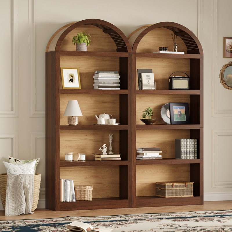 Freestanding 5 Tier Bookcase Set Of 2, Open Storage Display, Arched Top Design, Modern Farmhouse, Living Room, Walnut