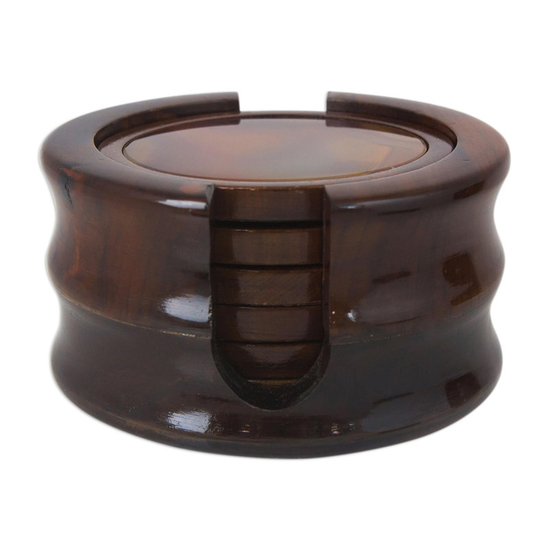 Wood Round Coaster Set With Holder