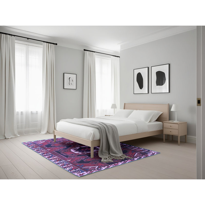 Tapis oriental oriental mauve / bleu foncé / blanc 5 pi x 7 pi fabriqué à la machine