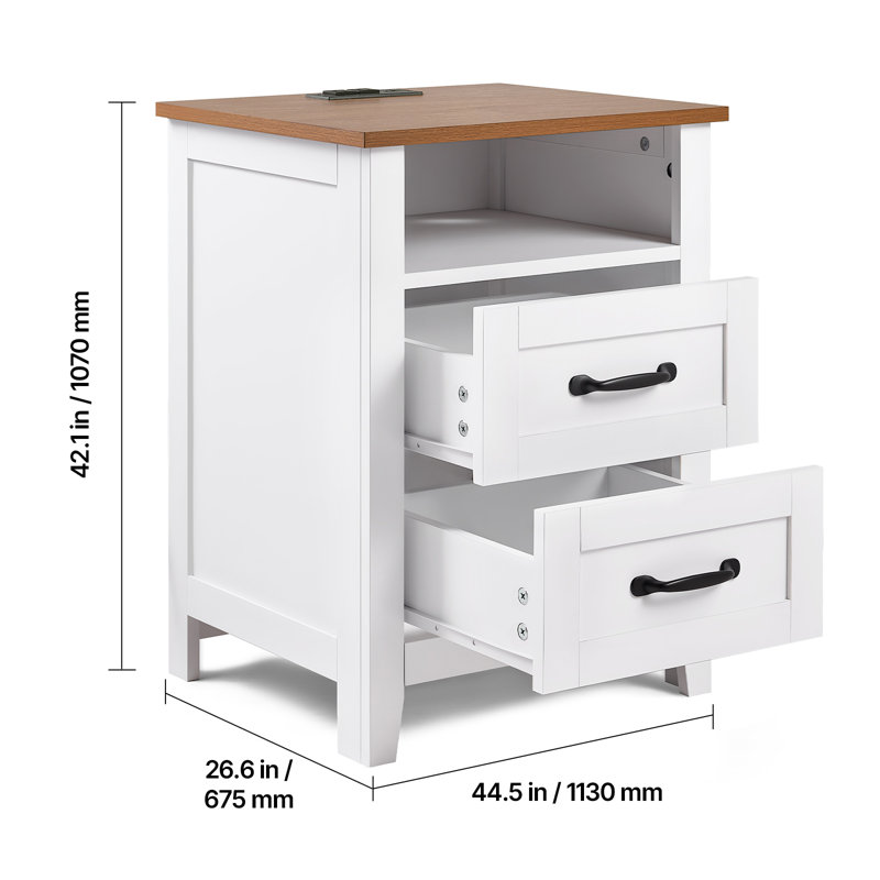 Farmhouse Nightstand, with Charging Station, End Table with 2 Drawers and Open Shelf, Bedside Storage Cabinet, Rustic Side Table with USB Port and AC Outlets, for Bedroom, Living Room, White