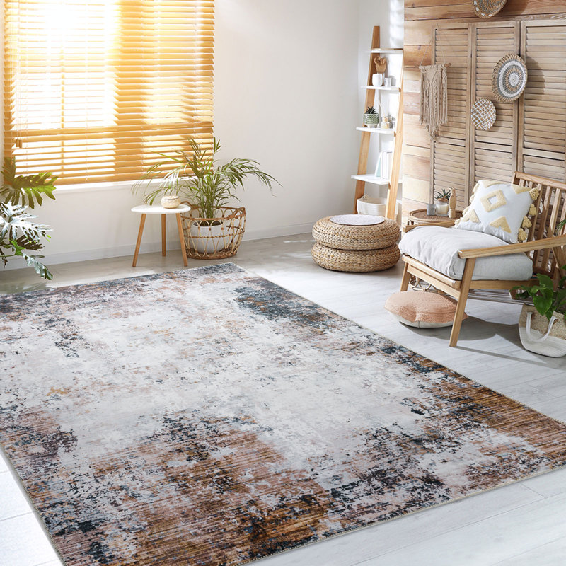 KATINE Modern Abstract Machine Washable Area Rug Brown Silver/Ivory, Rectangle 3'6" x 5'6"
