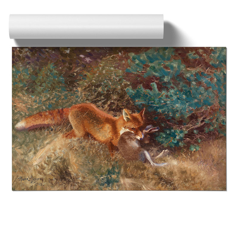 Fox With Brown Hare by Bruno Liljefors - No Frame Painting, 21cm H x 30cm W x 0.1cm D