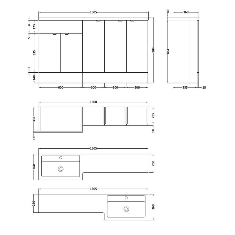 Fusion Fitted Furniture - Gloss White Bathroom Vanity with Basin, Charcoal Black, Left-Handed
