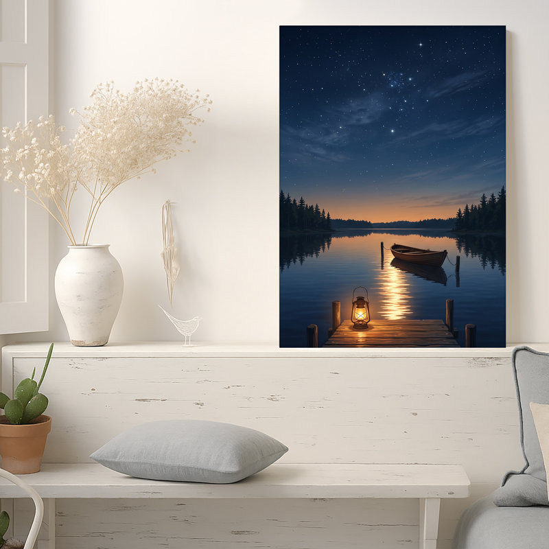 Lanterne sur un quai en bois avec bateau sous la nuit étoilée, art mural sur toile, H 48 po x l 36 po