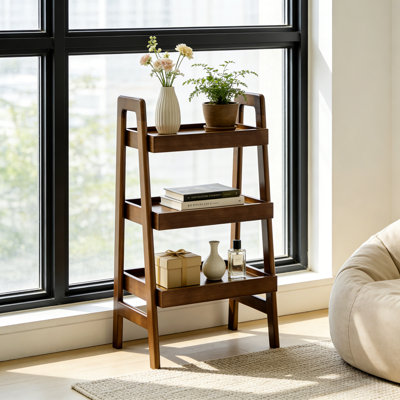 100% Solid Wood Ladder Shelf, 3 Tier Small Ladder Bookshelf, Freestanding Ladder Shelf with Open Storage,Side Table for Living Room, Bedroom, Study, Home Office, Saving Space, Walnut