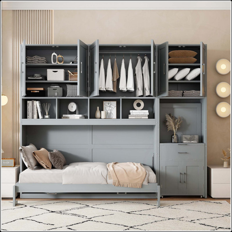 Lit escamotable simple avec placard, gris