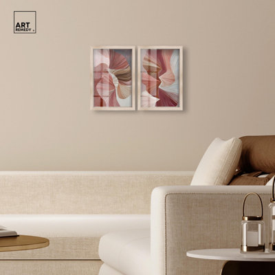 Ensemble de rubans de fard à joues, ensemble d'œuvres d'art abstrait Boho par Art Remedy, cadre blond, 36 x 54