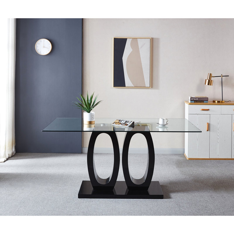 63x35.4x29.5 Black Dining Table With Tempered Glass Top & Double Pedestal Base, Modern Chic Decor Contemporary And Top, 63x35.4x29.5, Finish