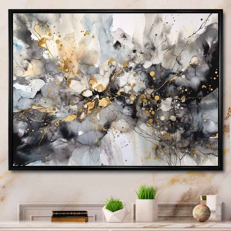 Gris gris délicat abstrait coups de pinceau II - art abstrait sur toile marbrée, H 30 po x l 40 po, Noir