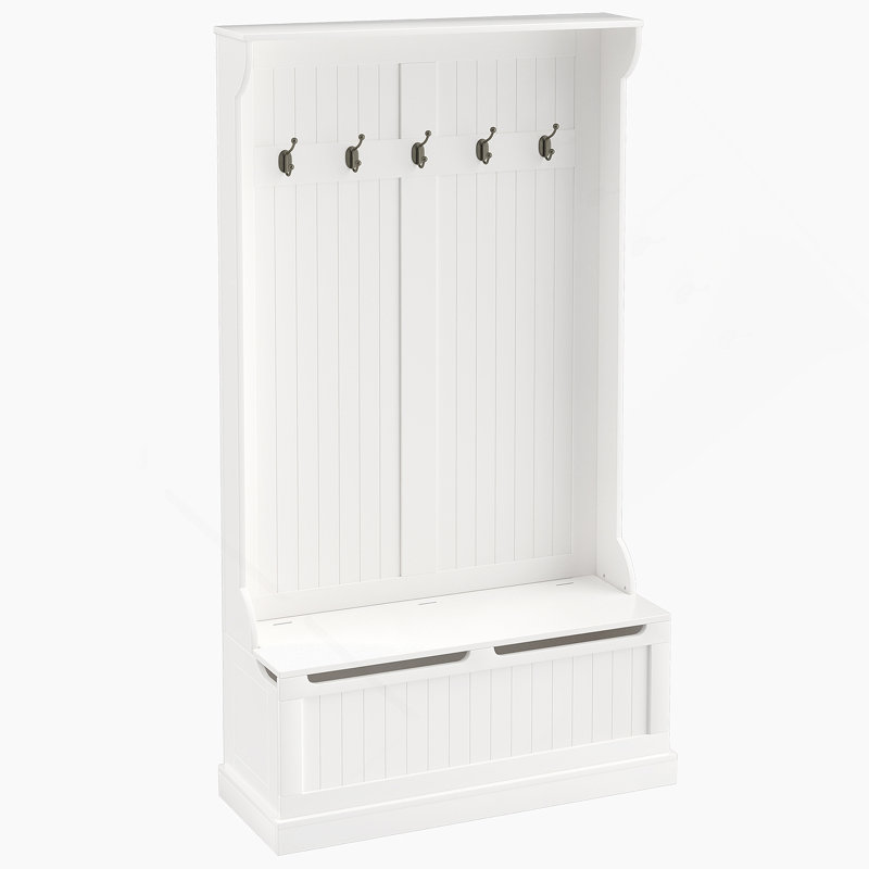 Cream White Hall Tree With Storage Bench, Hooks In Solid + Manufactured Wood