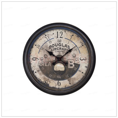 20-Inch Round Transitional Wall Clock with Antique Brown Finish and Vintage Aviator Print, Easy to Read and Accurate Timekeeping