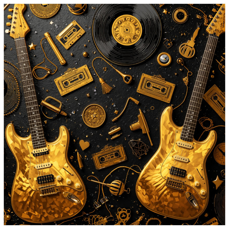 Tapisserie murale «Gold Electric Guitars» - Décoration murale musique, H 104 po x 88 avec 4 œillets