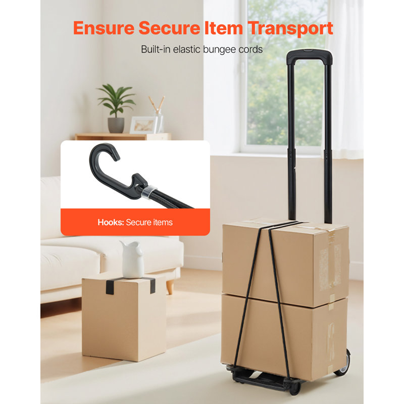 Chariot de manutention pliable, capacité de charge de 50 kg, avec 2 roues et 1 corde élastique, chariot utilitaire pour le transport de meubles, bagages et déménagements (aéroport, bureau), noir