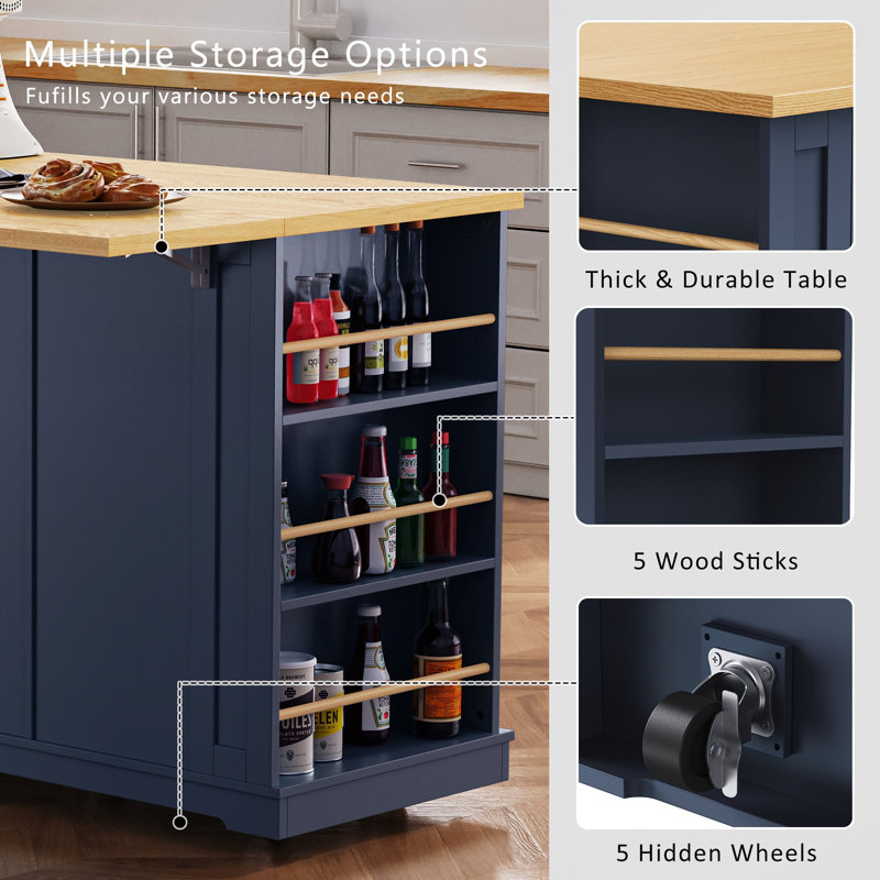 Allycia 53'' Kitchen Island With Drop Leaf, Navy Blue