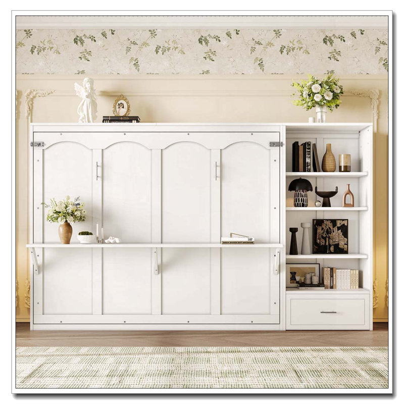 Grand lit escamotable avec compartiments de rangement réglables, Blanc