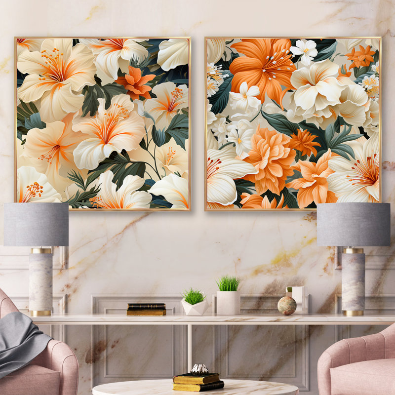 Papaya Dreams - motif tropical - ensemble de 2 collages floraux carrés, Cadre flottant doré, H 30 po x l 61 po