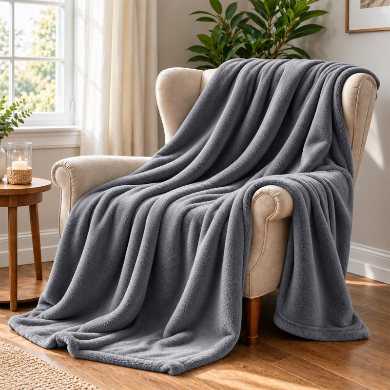 Jeté en flanelle de vison doux, jet réversible pour lit, canapé et décoration, Très grand (90 po x 108 po), Gris