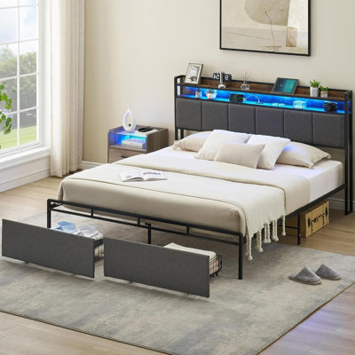 Lit plateforme Queen capitonné avec éclairage DEL RVB, station de charge USB et Type-C, 2 tiroirs de rangement sous le lit, montage facile et silencieux – Lin gris + Fer noir givré + Panneau de particules en bois effet nuage de feu