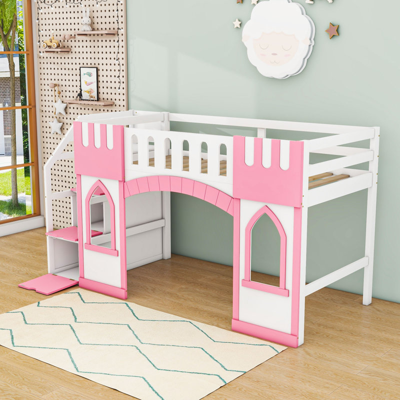 Lit mezzanine simple Kamuri avec escalier de rangement et barrières de sécurité, Rose