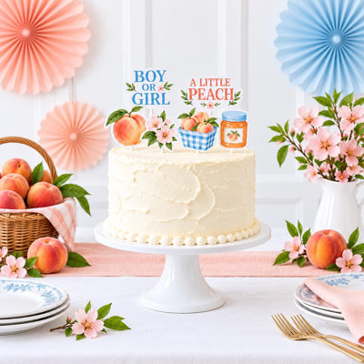 A Little Peach Gender Reveal Cake Decorations, Boy or Girl Peach Blossom Basket Jam Cardstock Toppers, Set of 6