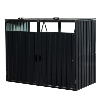 Metal Garbage Bin Shed For Garden - 61.98 In Depth, Galvanized Steel, Ventilated, Lockable Iron Storage 2 Trash Can Capacity, 31.02 Width, , Easy Assembly