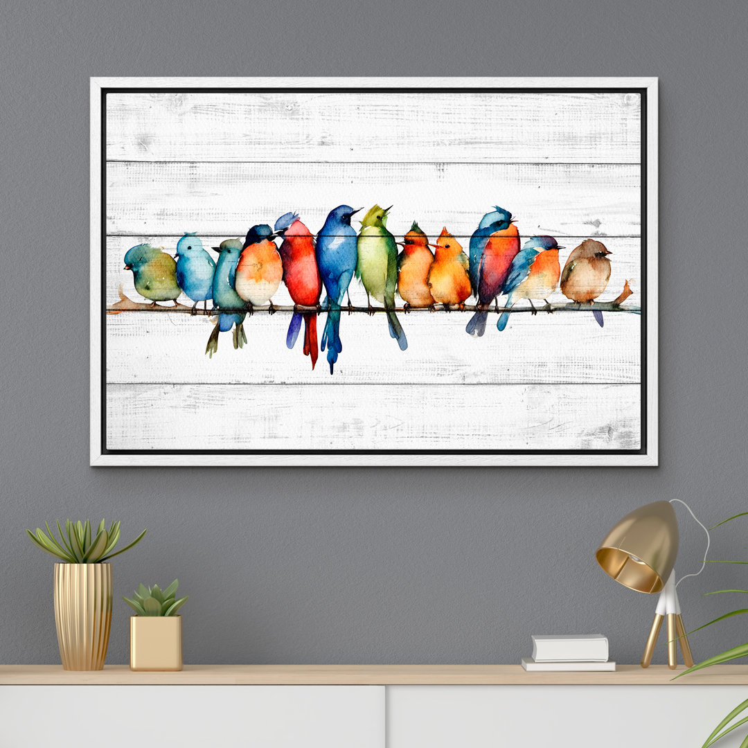 " Watercolor Row Of Birds On A Wire Canvas Print Colorful And Whimsical Bird " wall26 Frame