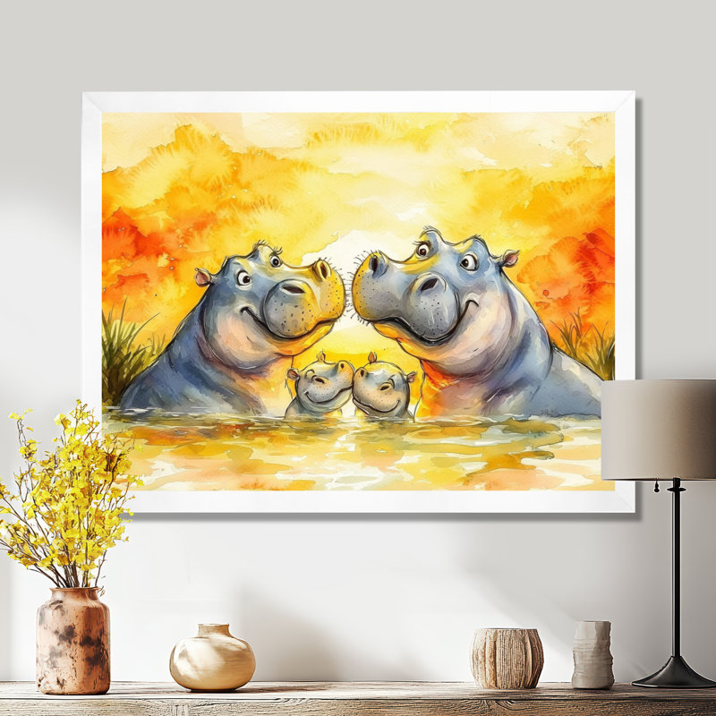 Famille d'hippopotame en Afrique I - impression d'art mural hippopotame, H 30 po x l 40 po, Blanc
