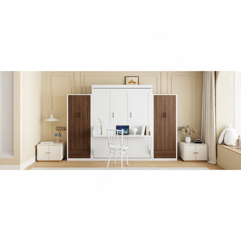 Lit escamotable double pleine grandeur avec placard, tiroirs et table, blanc