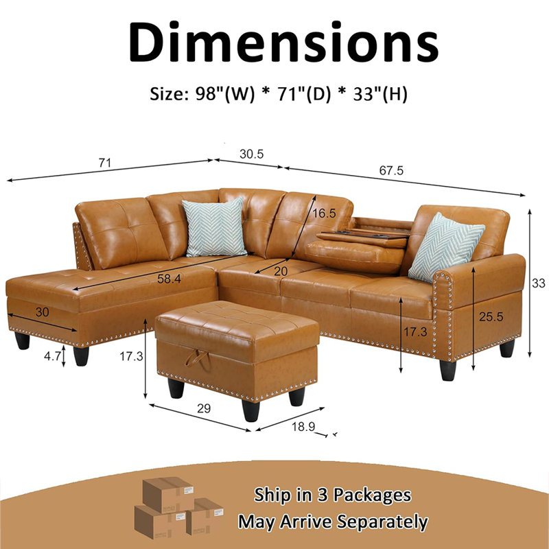 Canapé modulaire en L de 98 po avec repose-pieds avec rangement, repose-pieds rembourré et garniture cloutée, deux coussins
