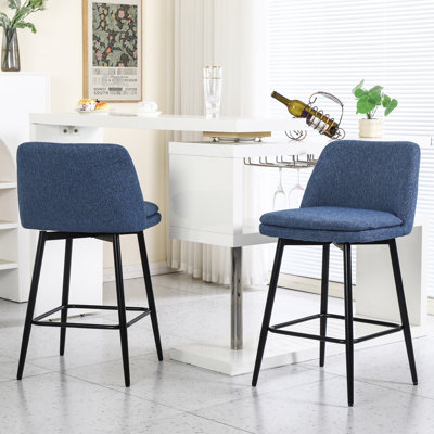 Counter Height Swivel Bar Stools Of 2, Blue Linen Upholstery, 25.6" Seat, Metal Legs For Kitchen Island Area Cloth Upholstered,