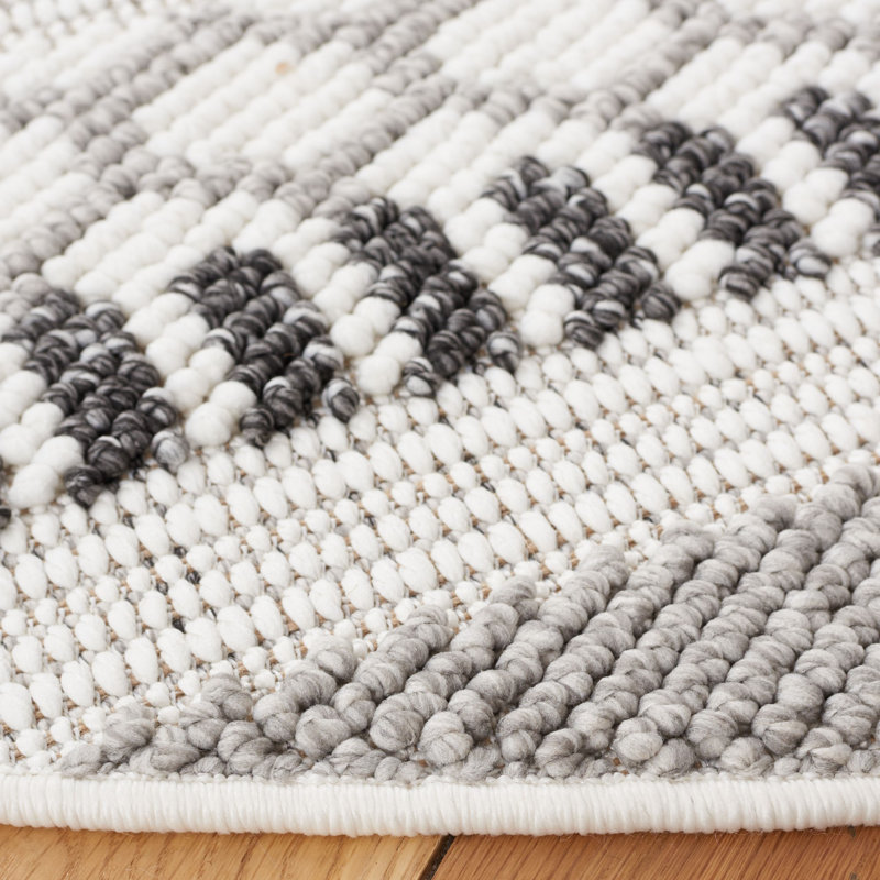 Tapis gris tissé à la machine à motif géométrique, Rond 6 pi 7 po