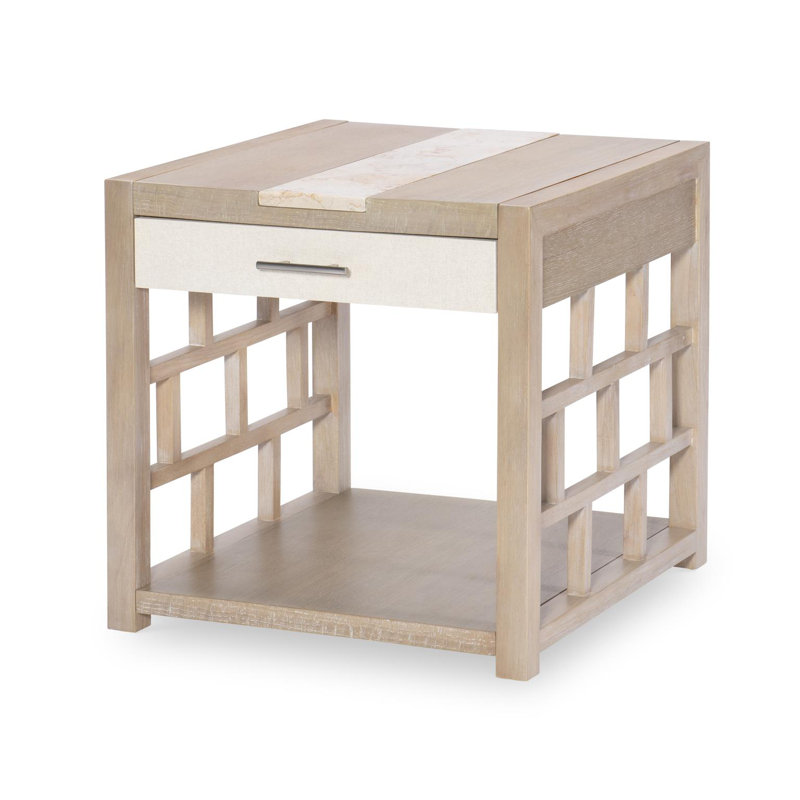 Beige and White Rectangular Wood and Stone End Table with Storage