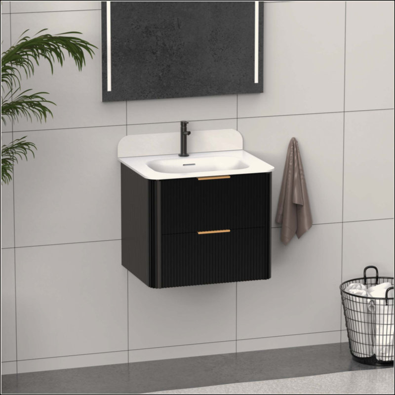 Meuble-lavabo cannelé avec lavabo et quincaillerie intégrés, Black/Gold, 24"