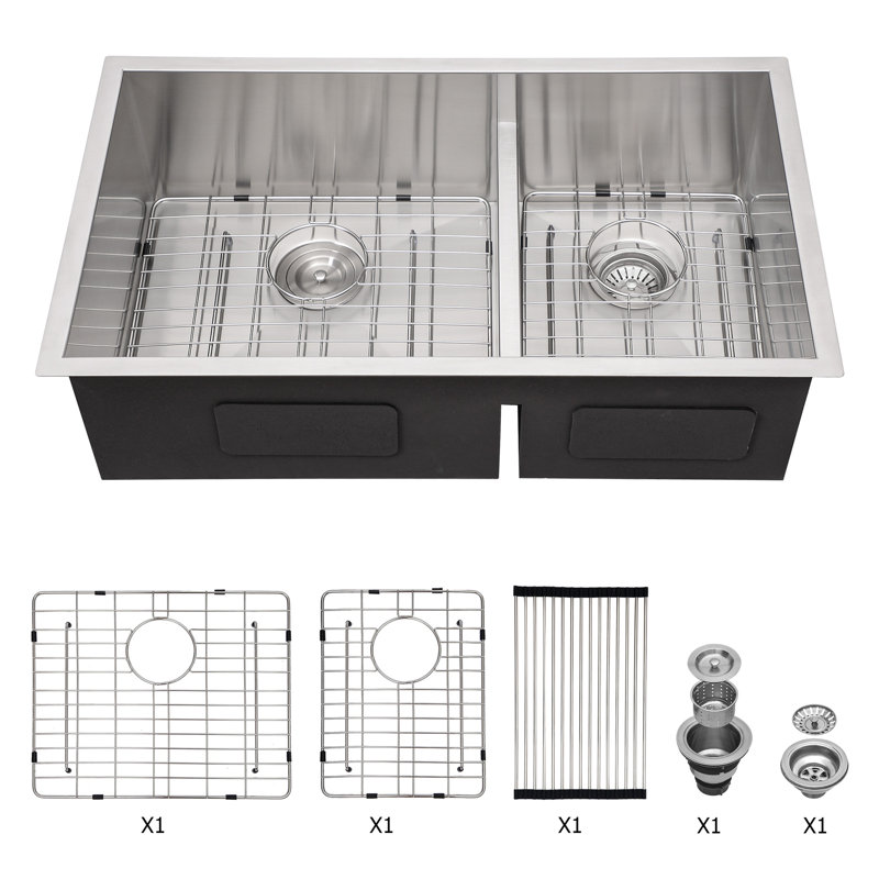 Évier de cuisine à double cuve double (60/40) - évier de cuisine à double cuve de calibre 16 avec deux cuves profondes de 10 po x 19 po