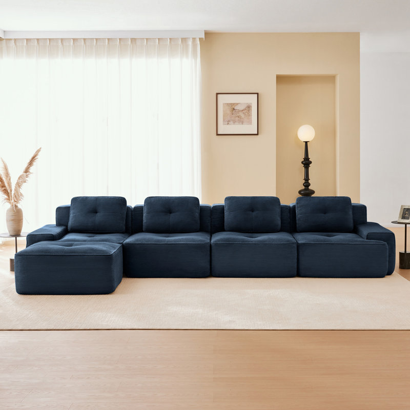 Canapé modulaire en L en velours côtelé avec coussin moelleux et repose-pieds mobile, Velours côtelé bleu