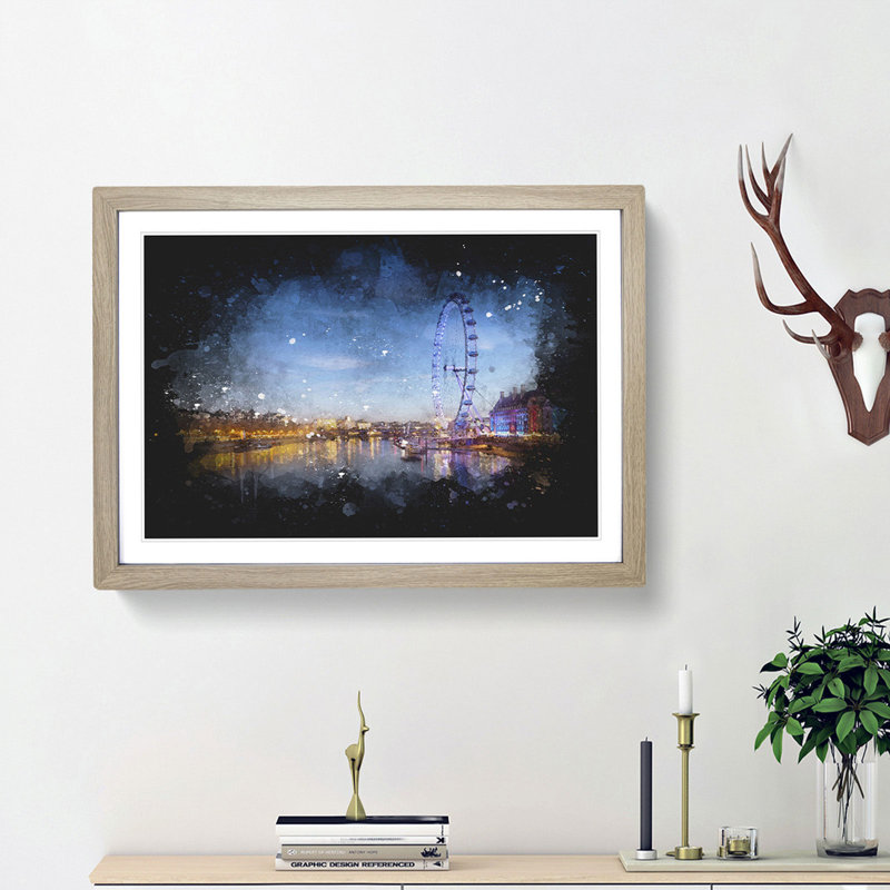 The London Eye & Thames River - Single Picture Frame Print on MDF, Oak Framed, 45cm H x 63cm W x 2cm D