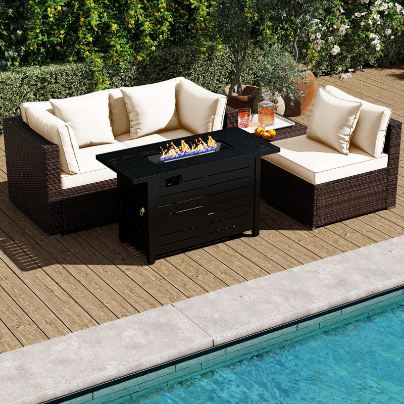 5 PCS Patio Furniture Set Heavy-duty Frame Rattan Sofa Set with 60,000 BTU Firepit Table White, White