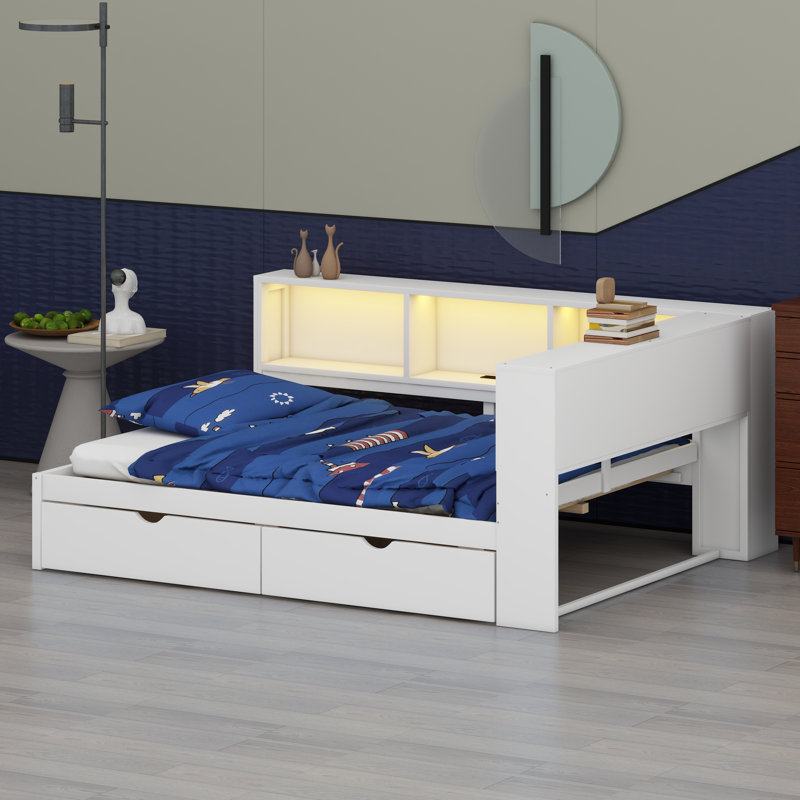 Lit de jour contemporain avec système à DEL intégré, ports USB et solution de rangement, Blanc