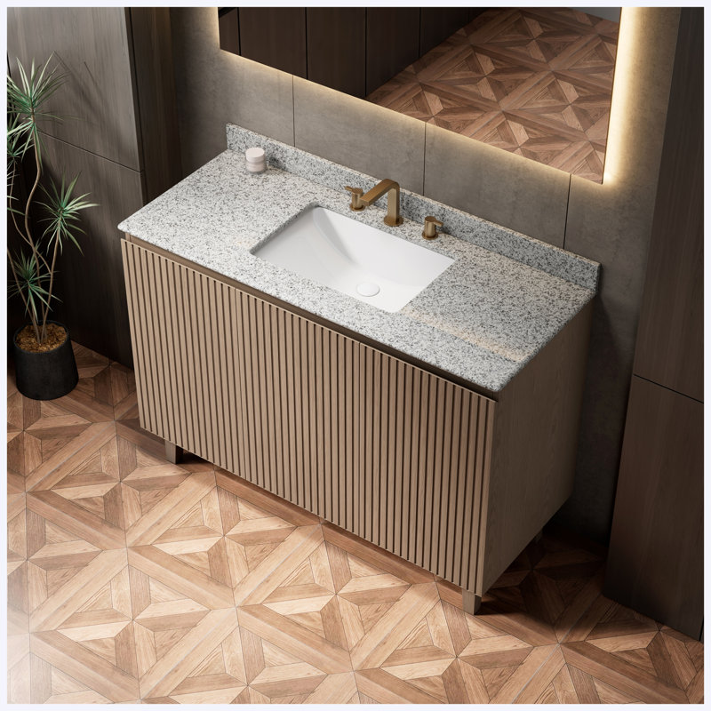Meuble-lavabo autoportant Heidelberg 48 po à motif bois avec lavabo, comptoir en granit naturel, lavabo en céramique et 3 trous pour robinetterie (robinet et bonde non inclus).