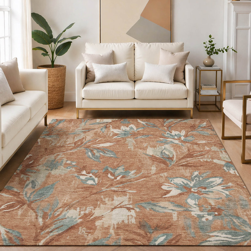 Tapis floral intérieur / extérieur lavable à la machine Chantille ACN2951, Terracotta, 8' x 10'