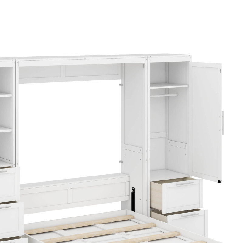 Grand lit escamotable avec tiroirs et tablettes, Blanc