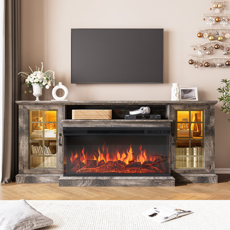 Meuble télé avec foyer électrique 36 po Fellsburg, Gris, H 31,4 po x L 13,8 po x l 70 po