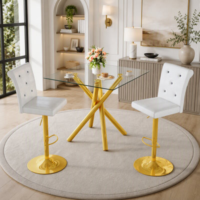 Modern Glass Bar Table and Adjustable Bar Stools Set, Contemporary Counter Height Pub Table with Gold Chrome Legs, White PU Leather Swivel Chairs for Kitchen Island, Home Bar, Small Space