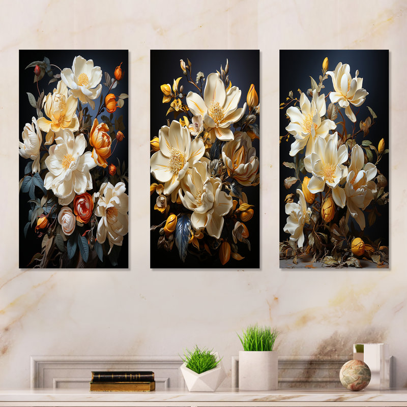 Majestic jaune doré Magnolias - Magnolias, ensemble de 3 impressions sur métal, H 32 po x l 48 po
