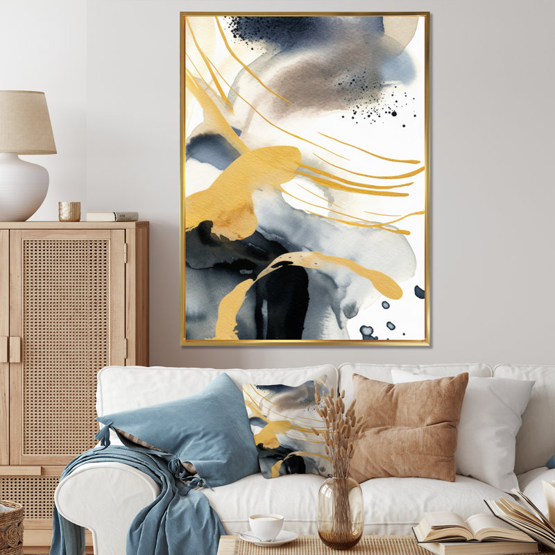 «Pastel Abstract» avec taches bleues noires et dorées VI, reproduction sur toile, Cadre flottant doré