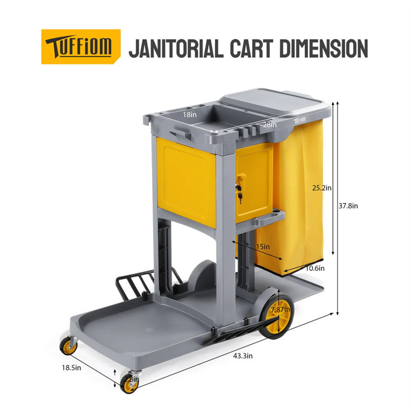 Chariot de conciergerie à 3 niveaux avec capacité de 500 lb avec casier et sac de 15 gallons , Gris