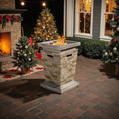 Effortless Ambiance: Natural Stone Look Fire Column w/ Hidden Tank | 40K BTU | No Assembly | Lava Rocks Included