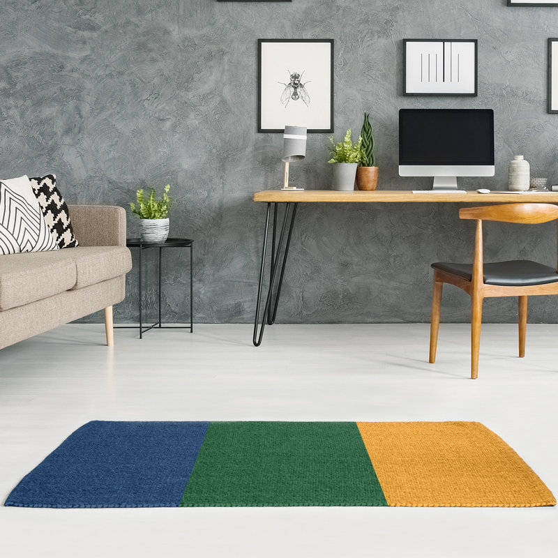 Tapis à rayures bleu marine/vert/doré, Rectangle 7 pi x 5 pi