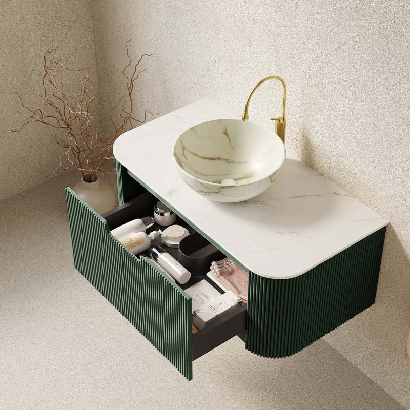 Meuble-lavabo à bords arrondis flottants avec rangement rayé et lavabo en céramique blanc mat, White;Matte White